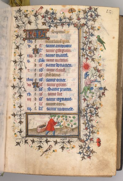 Hours of Charles the Noble, King of Navarre: fol. 9r, September by Master of the Brussels Initials and Associates