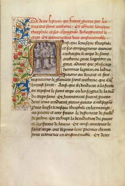 Initial A: The Body of Saint Anthony Transported to Constantinople and the Healing of Two Lepers after Touching the Saint