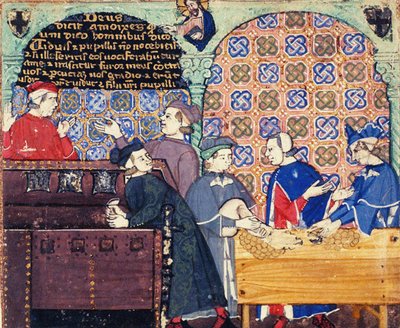 Avarice. A miniature with scenes of banking by Master of the Cocharelli Codex