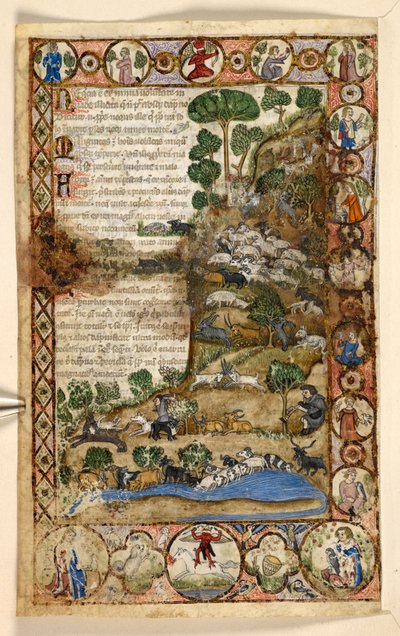 Geometric full-page borders of rhomboids, roundels, and quatrefoils inhabited by animals and figurative scenes: Shepherds watching over sheep and goats and fighting off wolves, a red devil standing on horseback in the border, from a Treatise by Master of the Cocharelli Codex