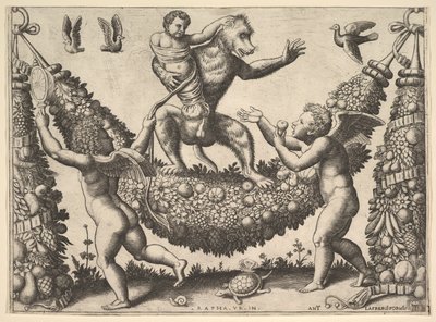 A Monkey Holding a Bound Putto Standing on a Garland by Master of the Die