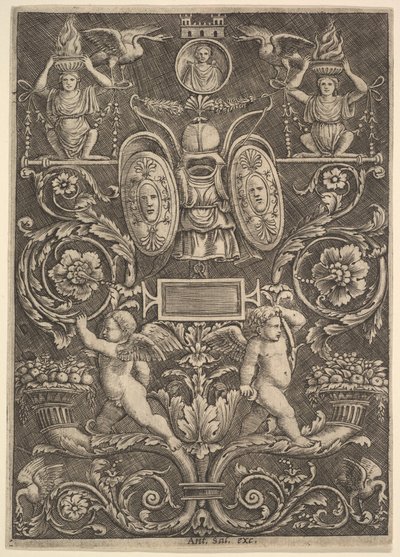A Panel of Ornament, Putti Standing on Cornucopia by Master of the Die