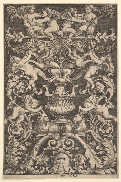 A panel of ornament with putti, goat and other figures by Master of the Die