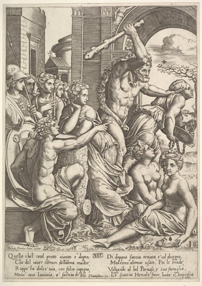 Envy or Avarice at the right being driven from the temple of the Muses by Hercules (detail) by Master of the Die
