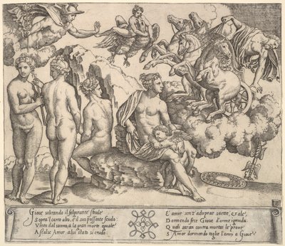 Jupiter tumbling from a horse-drawn carriage at right, Ganymede in the form of an eagle by Master of the Die