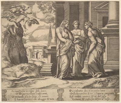Plate 15: Psyche Relating Her Misfortunes to Her Sisters, from The Fable of Psyche by Master of the Die