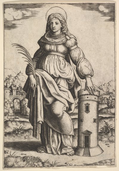 Saint Barbara standing, palm in her right hand, resting her left hand on a tower by Master of the Die