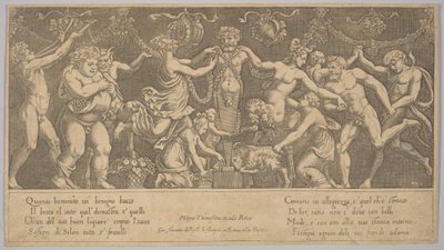 The sacrifice to Priapus who is in the form of a statue in the centre, Bacchus and a satyr by Master of the Die