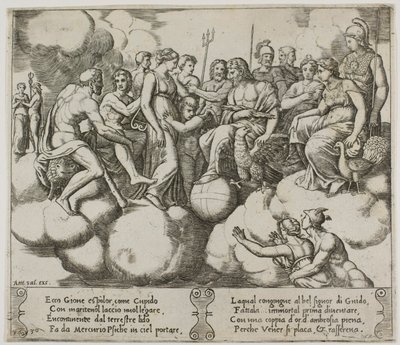 Venus and Cupid Pleading Their Cause in the Presence of Jupiter and Other Gods by Master of the Die