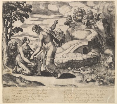 Venus ordering Psyche to take water from a fountain guarded by dragons, 1530-60 by Master of the Die