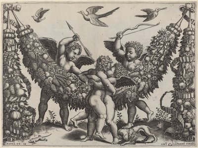 Two Putti Striking Another Who Is Squeezing a Child by Master of the Die after Raphael