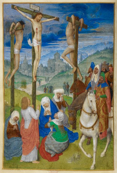 The Crucifixion. Hours of the Cross. Christ on the cross between the two thieves, with several figures; three on horseback. St John stands, and the Virgin and Three Maries sit, at the foot of the cross. A view of Jerusalem in the background by Master of the Dresden Prayer Books