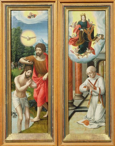 The Baptism of Christ and St. Ildefonso: A Pair of Altarpiece Wings by Master of the Female Half Lengths