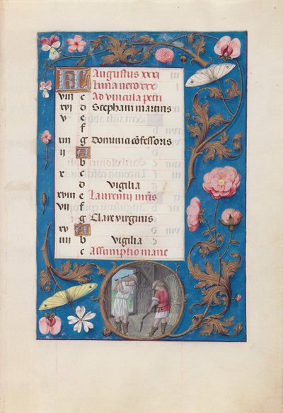 Hours of Queen Isabella the Catholic, Queen of Spain: Fol. 9r, August - Threshing Wheat, c. 1500 by Master of the First Prayerbook of Maximillian