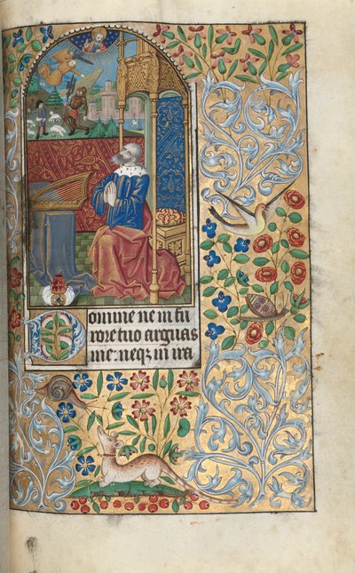 Book of Hours Use of Rouen: fol. 80r, David Penitent, in the Distance David Slaying Goliath, c1470 by Master of the Geneva Latini