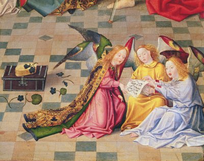 Angel musicians from the right panel of the altarpiece of the Seven Joys of the Virgin, c.1480 (detail) by Master of the Holy Family