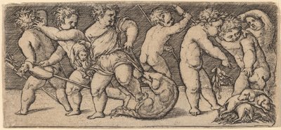 Children Playing with a Dog and Three Puppies by Master of the Horse Heads