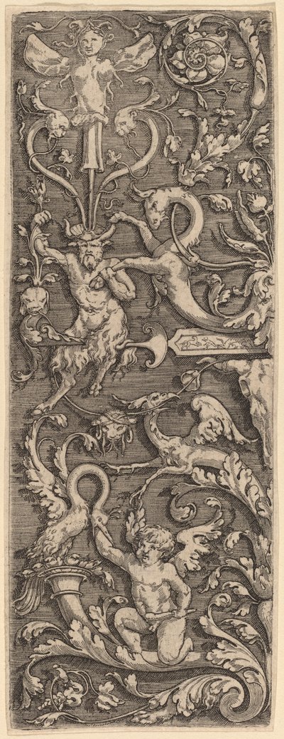 Ornament with a Cupid, a Satyr, and Grotesque Figures by Master of the Horse Heads
