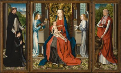 Triptych of Madonna and Child with Angels; Donor and His Patron Saint Peter Martyr; and Saint Jerome by Master of the Legend of Saint Lucy