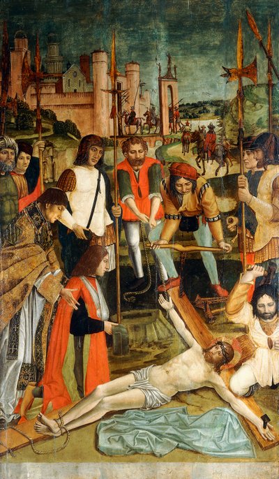 Christ nailed to the Cross with a Donor with his Arm in a Sling presented by a Priest by Master of the Pavia Deposition