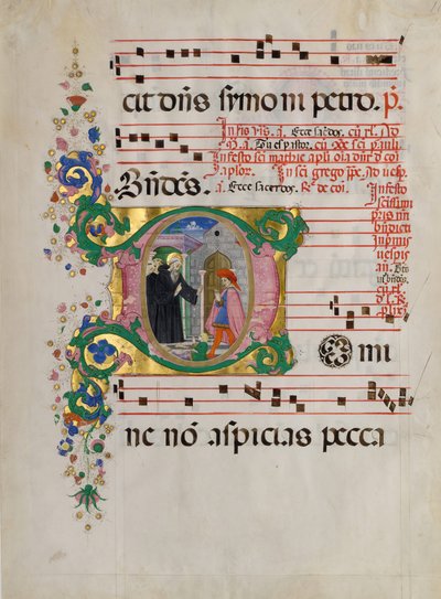 Manuscript Leaf with Saint Benedict Resuscitating a Boy in an Initial D, from an Antiphonary by Master of the Riccardiana Lactantius