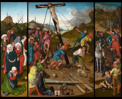 The Raising of the Cross (center, left, and right panels) by Master of the Starck Triptych