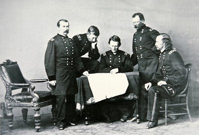 General Sheridan (1831-88) in conference with his staff, including George Custer (1839-76) by Mathew Brady