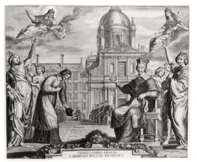 Robert de Sorbon and Cardinal Richelieu in Front of the Sorbonne, Engraved by Gregoire Huret by Matthaus the Elder Merian