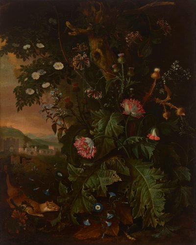 A Forest Floor with a Weasel, Mouse, Opium Poppy and Thistle, with Classical Buildings Beyond by Matthias Withoos