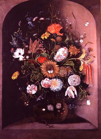 Mixed Flowers in a Glass Bowl in a Niche with a Lizard and a Mouse by Matthias Withoos