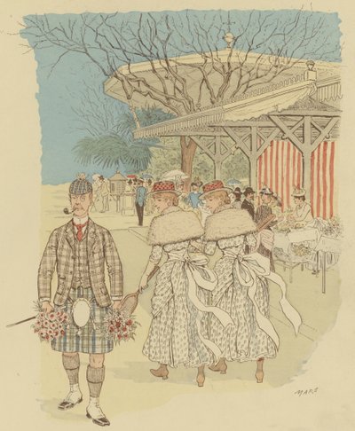 A Scottish man in traditional Highland Dress among the people of Cannes, France by Maurice Charles Mathieu Bonvoisin