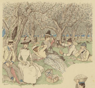 A picnic under the olive trees at Beaulieu in the South of France by Maurice Charles Mathieu Bonvoisin
