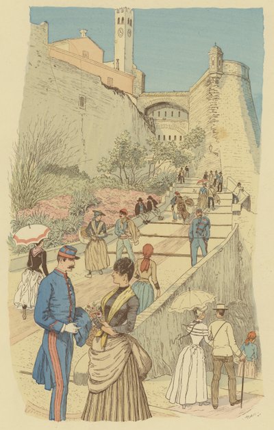People walking on the Grand Staircase at the Royal Palace, Monaco by Maurice Charles Mathieu Bonvoisin
