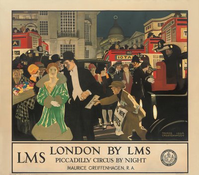 London by LMS, Piccadilly Circus by Night by Maurice Greiffenhagen