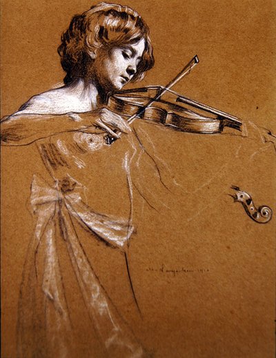 Young Girl Playing a Violin with Bared Breasts by Maurice Langaskens