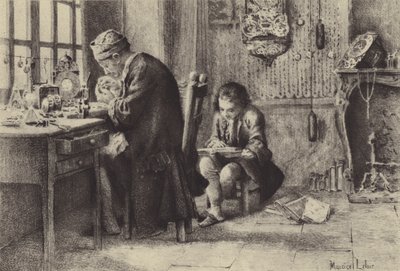 The Young Jean-Jacques Rousseau Reading While His Father Works (engraving) by Maurice Leloir