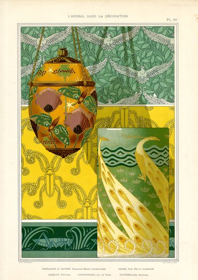 Art Nouveau Decorative Objects with Peacock, Butterflies and Doves by Maurice Pillard Verneuil