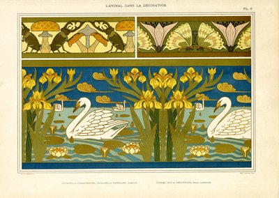 Decorative Borders with Swans, Insects and Iris by Maurice Pillard Verneuil