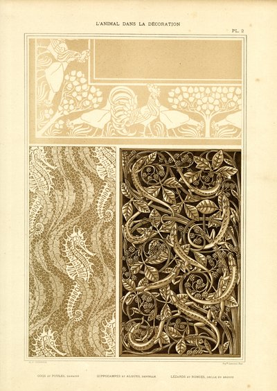 Three-Part Animal Ornamentation with Rooster, Seahorses, and Lizards by Maurice Pillard Verneuil