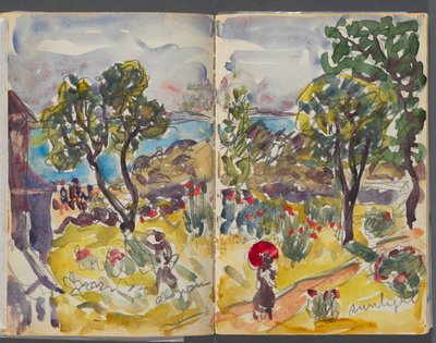Sketchbook - The Granite Shore Hotel, Rockport, pages 118 and 119: Garden View with Notations by Maurice Prendergast