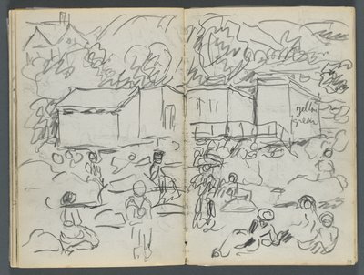 Sketchbook, The Dells, No. 127, page 114 & 115: Landscape with Figures and Buildings by Maurice Prendergast