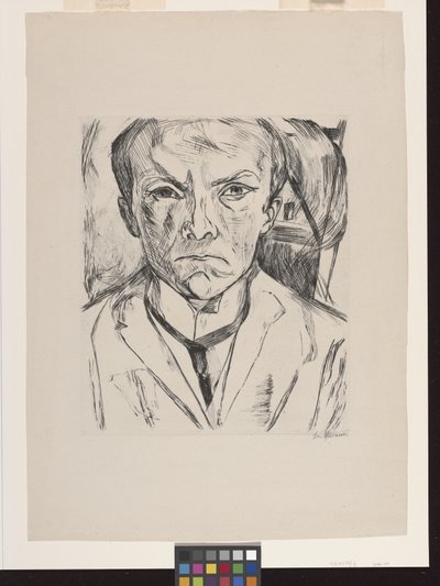Frontal Self-Portrait with House Gable in Background by Max Beckmann