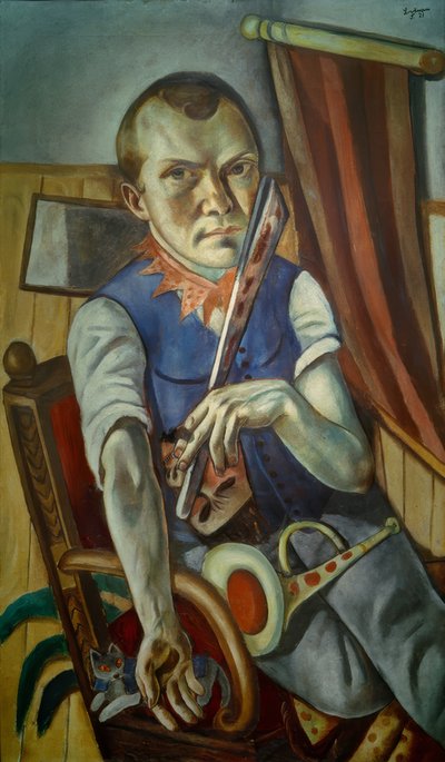 Self-Portrait with Bat and Trumpet (Self-Portrait as Clown) by Max Beckmann