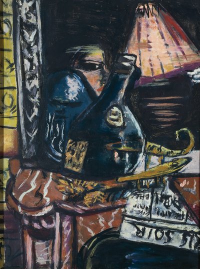 Still life with lopsided schnapps bottle and Buddha by Max Beckmann