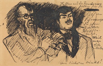 Three Lenbach Caricatures: a) Bust Portrait (Sketchy); b) Full Figure; c) Together with Stuck by Max Slevogt