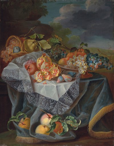 Grapes, Pears, and an Apple on a Glass Vessel, Pomegranates and a Woven Basket with Fruit on a Draped Table, and a Park Landscape Beyond by Maximilian Pfeiler or Pfeiller