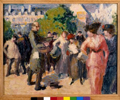Street Scene. A beggar with a hurdy-gurdy plays in a garden in Paris. Painting by Maximilien Luce by Maximilien Luce