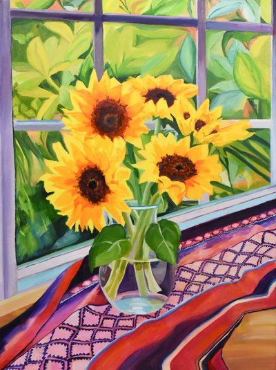 Bright Sunflowers Window View by Maxine Shore