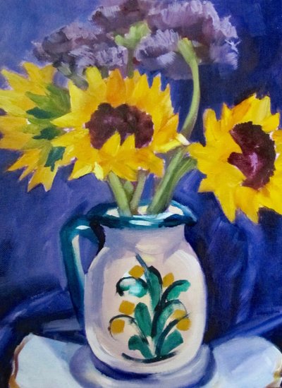 Sunflowers in Blue Pitcher by Maxine Shore