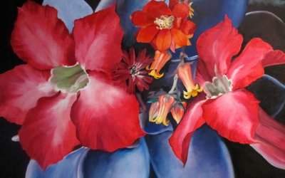 Vibrant Red Blue Flowers by Maxine Shore